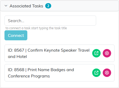 The Associated Tasks panel with two connected tasks, each with an open icon and a remove icon