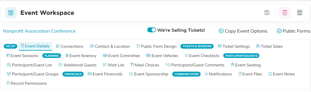 The Event Workspace title bar and the workspace menu, grouped into Setup, Tickets and Sessions, Planning, Participants and Guests, Financials and Communication, with Event Details selected