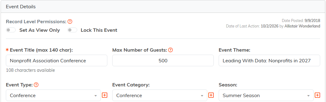 The top of Event Details with the record level permission switches, the event title, max number of guests, event theme, and the event type, category and season