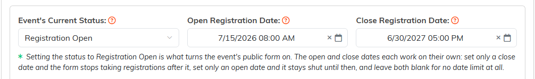 The registration card with the event status set to Registration Open and the open and close registration dates