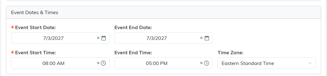 The Event Dates and Times card with start and end dates, start and end times, and the time zone