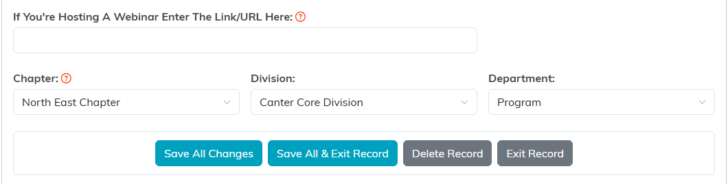 The webinar link field, the chapter, division and department, and the Save All Changes, Save All and Exit Record, Delete Record and Exit Record buttons