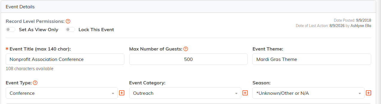 Event Details showing Event Title, Max Number of Guests, Event Theme, Event Type, Event Category and Season