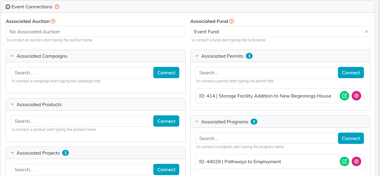 Event Connections page with Associated Fund, Campaigns, Products, Projects, Permits, Programs and Tasks