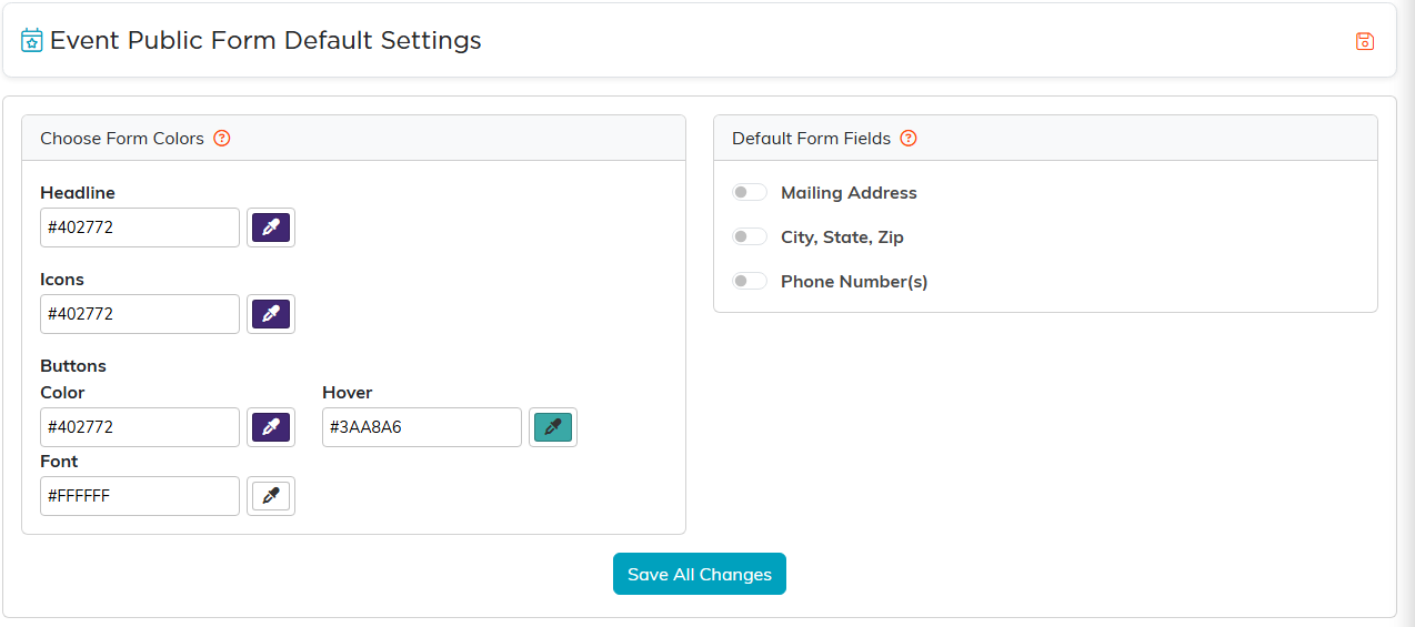 Event Public Form Default Settings page with Choose Form Colors and Default Form Fields