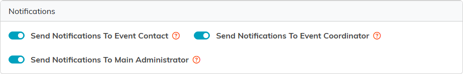 Notifications panel with switches for the event contact, event coordinator and main administrator
