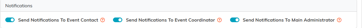 Notifications panel with switches for the event contact, event coordinator and main administrator