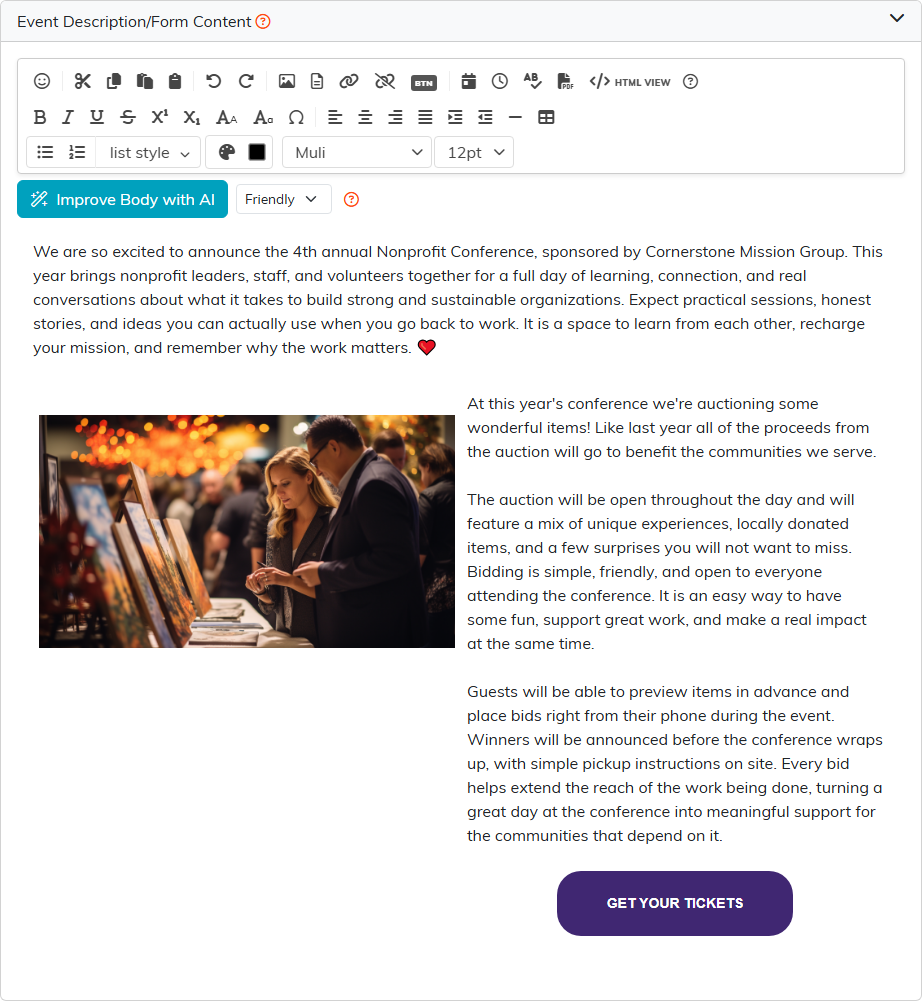 Event Description and Form Content section with its editor toolbar