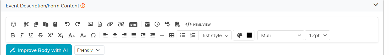 Event Description and Form Content section with its editor toolbar