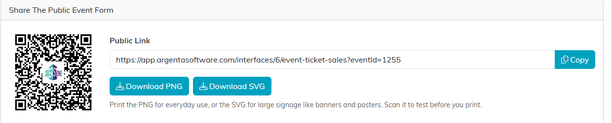 Share The Public Event Form panel with a QR code, the public link and a Copy button