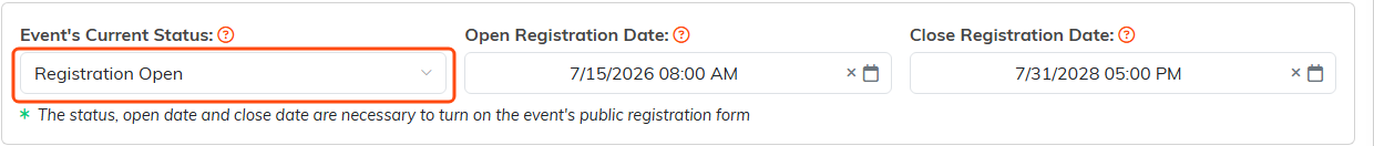 Event's Current Status, Open Registration Date and Close Registration Date on Event Details
