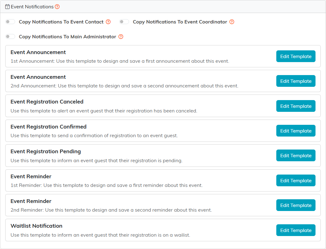 Event Notifications page listing the event's email templates, each with an Edit Template button