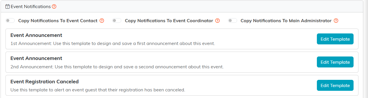Event Notifications page listing the event's email templates, each with an Edit Template button