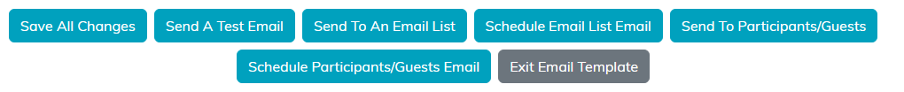 Template buttons: Save All Changes, Send A Test Email, Send To An Email List, Schedule Email List Email, Send To Participants/Guests, Schedule Participants/Guests Email and Exit Email Template