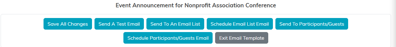 Template buttons: Save All Changes, Send A Test Email, Send To An Email List, Schedule Email List Email, Send To Participants/Guests, Schedule Participants/Guests Email and Exit Email Template