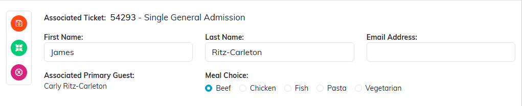 An additional guest row with the orange save, green create constituent and pink delete buttons