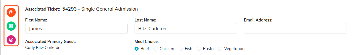 An additional guest row with the orange save, green create constituent and pink delete buttons outlined