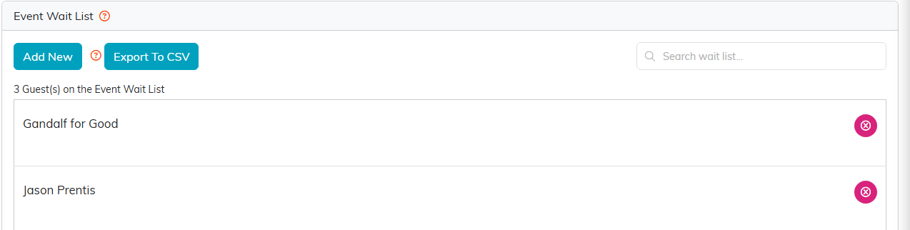 Event Wait List page with Add New, Export To CSV and three guests waiting