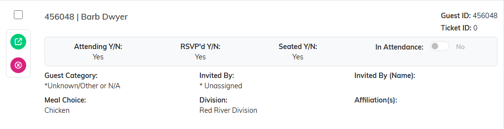 A guest row showing Attending, RSVP'd and Seated, and the In Attendance switch set to No