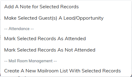 Bulk action menu open at the Attendance heading with Mark Selected Records As Attended and As Not Attended