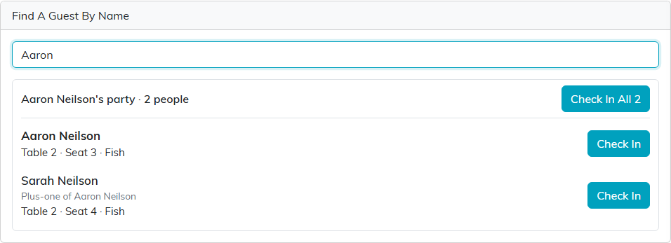 Find A Guest By Name box showing a guest and their plus-one with table, seat and meal, a Check In button for each and Check In All 2