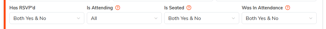 Filter Event Guests panel with Has RSVP'd, Is Attending, Is Seated and Was In Attendance dropdowns
