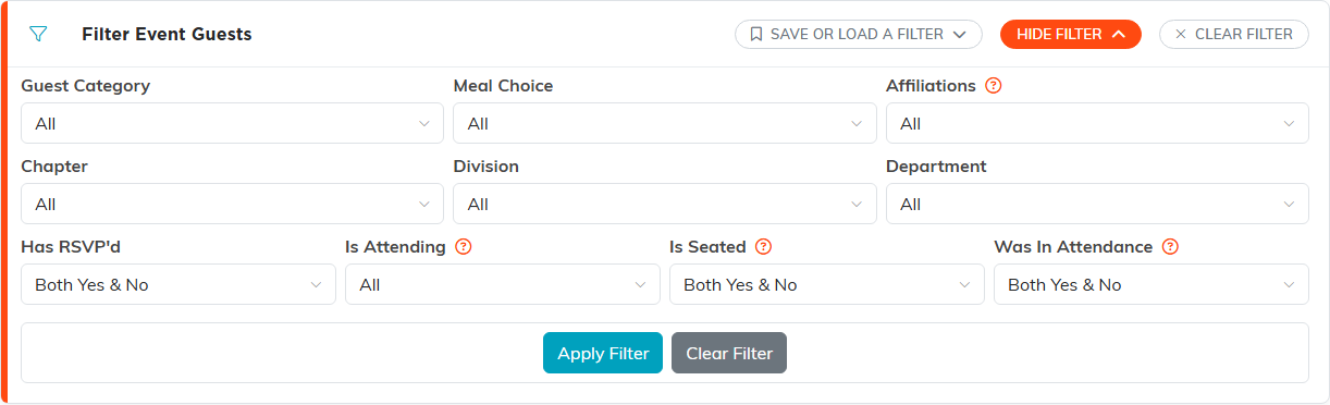 Filter Event Guests panel with Has RSVP'd, Is Attending, Is Seated and Was In Attendance dropdowns