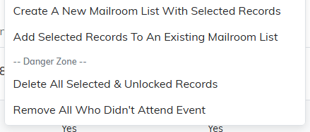 Bulk action menu open at the Danger Zone heading showing Remove All Who Didn't Attend Event