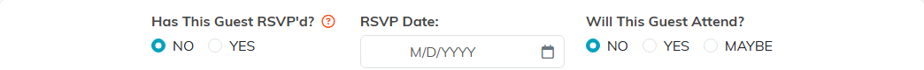 The Will This Guest Attend question on a guest record, offering NO, YES and MAYBE, beside Has This Guest RSVP'd and RSVP Date