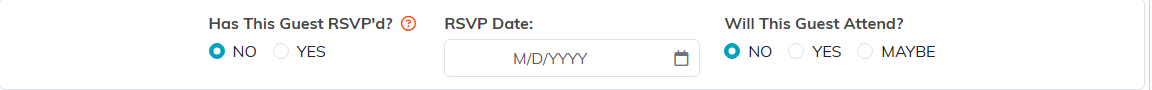 The Will This Guest Attend question on a guest record, offering NO, YES and MAYBE, beside Has This Guest RSVP'd and RSVP Date