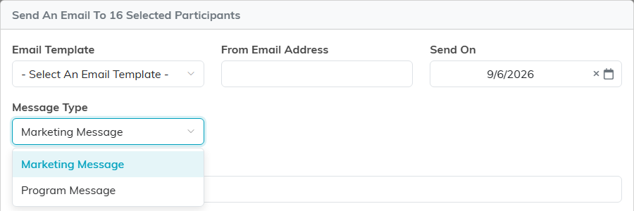 The Message Type field in the send window, open, offering Marketing Message and Program Message