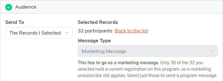 The Audience step with all 32 participants selected, Message Type greyed out on Marketing Message, and the note that only 28 of the 32 hold a current registration on this program