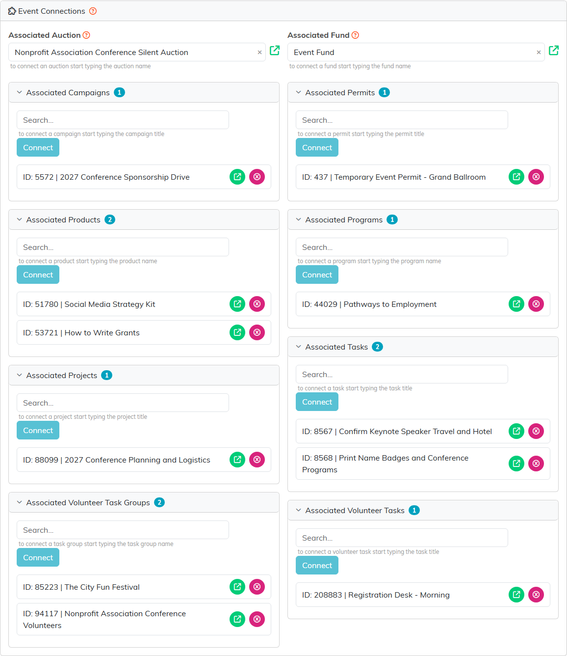 The Event Connections page of the Nonprofit Association Conference, with two task groups under Associated Volunteer Task Groups and the Registration Desk - Morning shift under Associated Volunteer Tasks