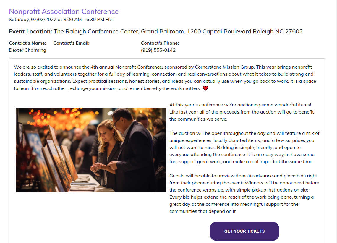 A public event form with the event title, date, location and contact block above the description, a photo, and a Get Your Tickets button
