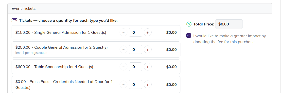 The Event Tickets section of a public event form, listing four ticket types with a quantity picker for each and the total price