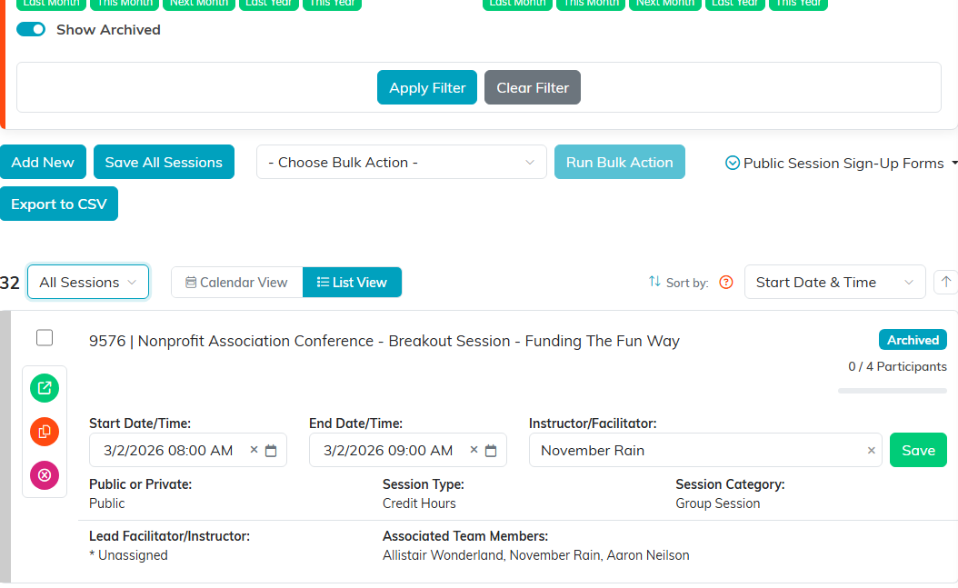 The Event Sessions list with the Show Archived switch turned on in the filter panel, and below it an archived session with its Archived status badge