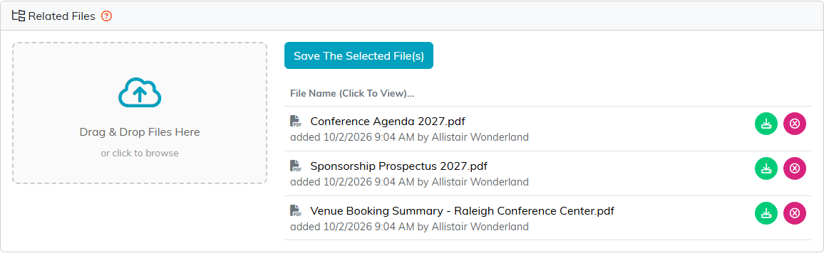 The Related Files panel on an event with the upload box and three PDF files listed, each with the date and time it was added and who added it