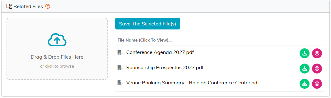 The Related Files panel on an event with the upload box and three PDF files listed