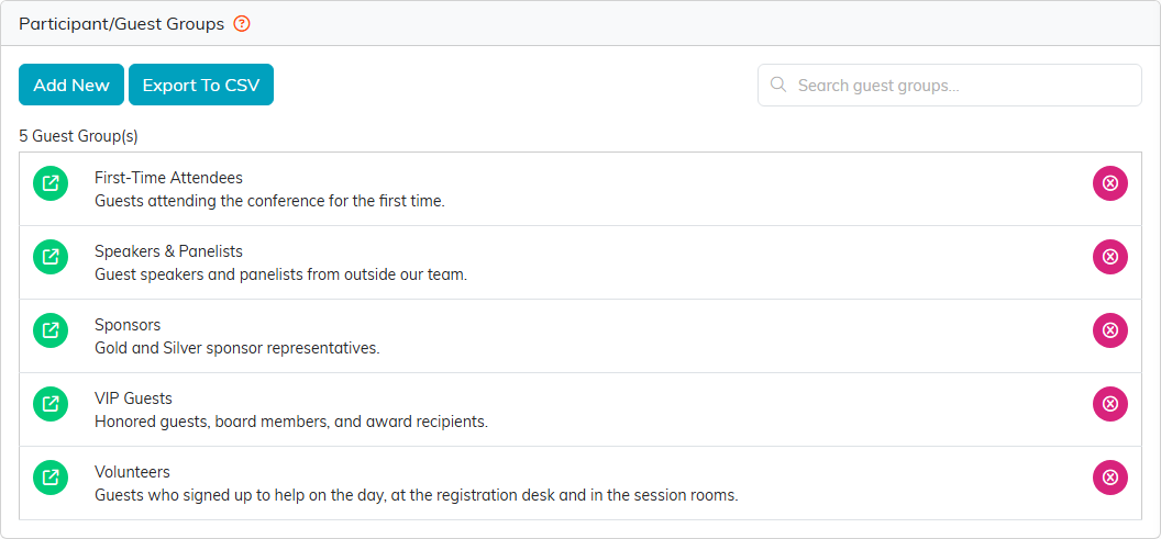 Participant/Guest Groups with Add New, Export To CSV, the search box and five groups, each with its description