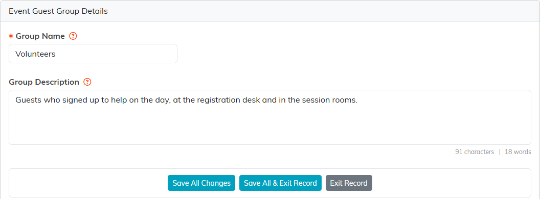Event Guest Group Details with the group name, the group description and the save buttons