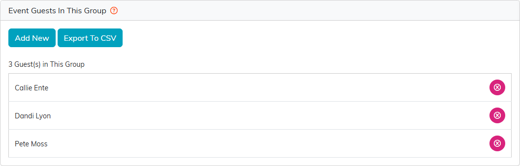 Event Guests In This Group for the Sponsors group, listing three sponsor representatives with the remove icon on each
