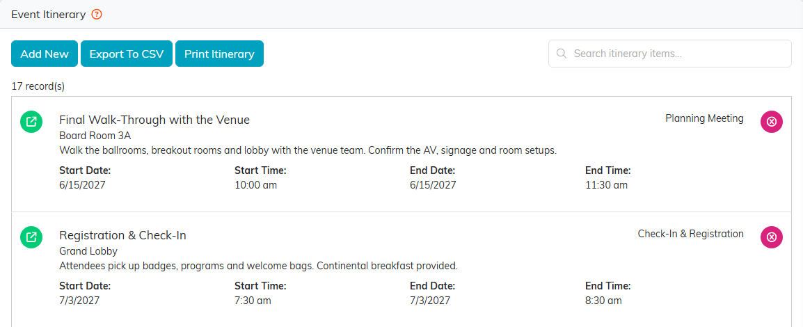 The Event Itinerary with Add New, Export To CSV and Print Itinerary, the search box, and the first items of a conference itinerary, each with its start and end date and time