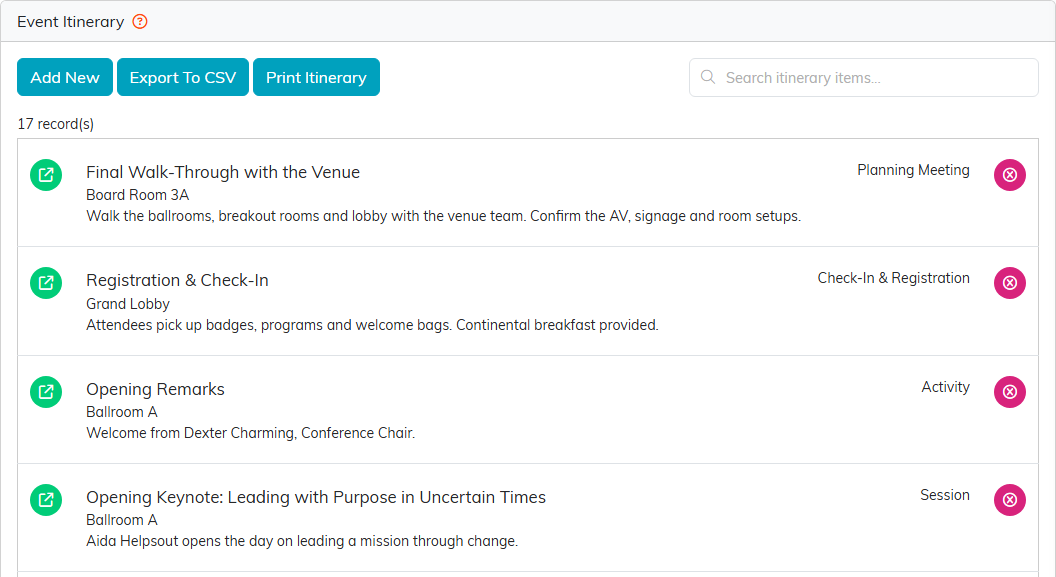 The Event Itinerary with Add New, Export To CSV and Print Itinerary, the search box, and the first items of a conference itinerary