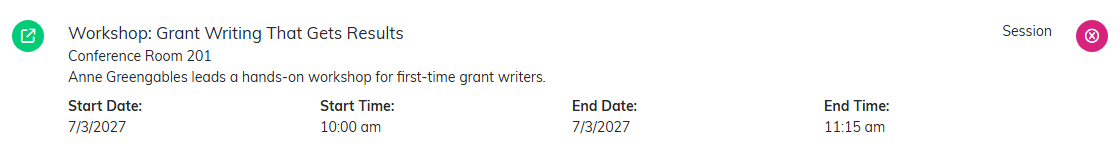 One itinerary item with its open and delete icons, title, location, description, category, and start and end date and time