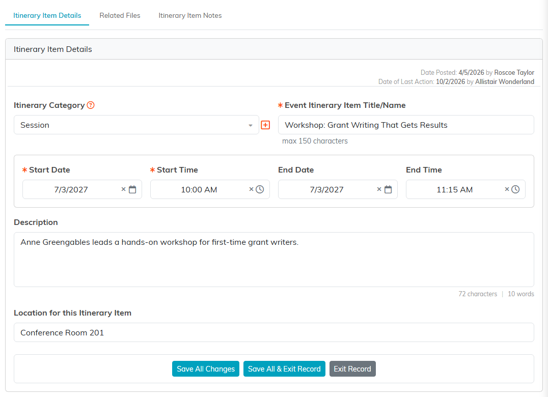An itinerary item with its category, title, start and end dates and times, description and location