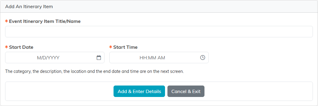 Add An Itinerary Item asking for the title, start date and start time, with Add and Enter Details and Cancel and Exit buttons