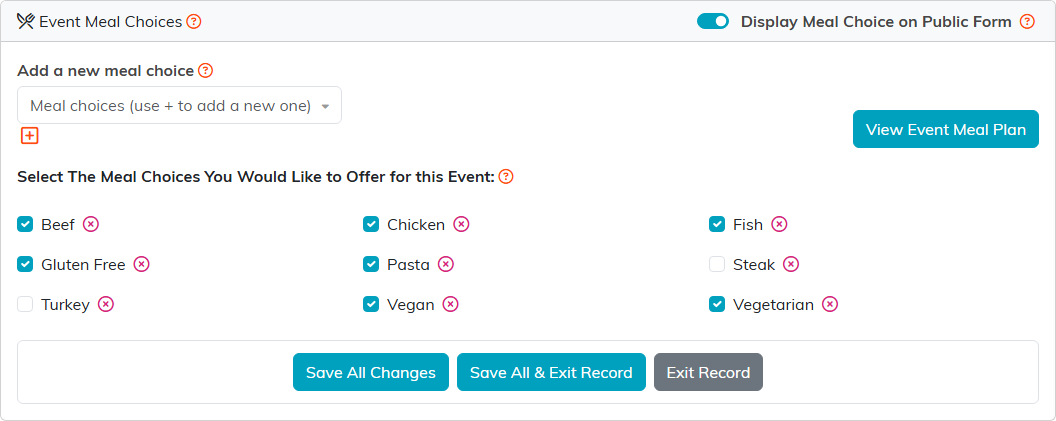 Event Meal Choices with the Display Meal Choice on Public Form switch, the add a new meal choice box, the View Event Meal Plan button and the meal choices with seven checked