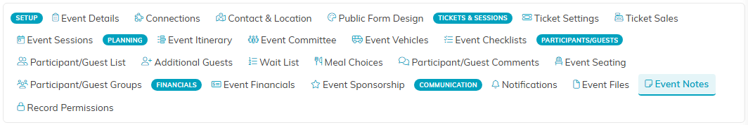 The event workspace menu with the Event Notes tab selected