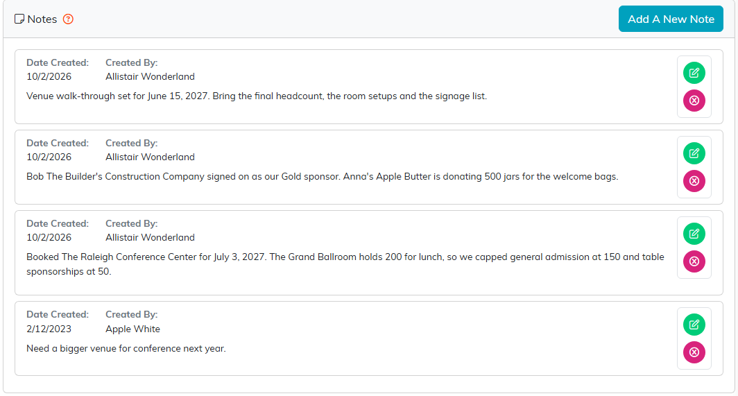 The Notes panel on an event with the Add A New Note button and four notes