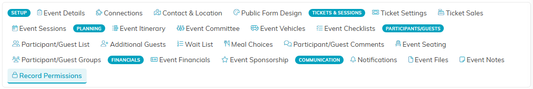 The event workspace menu with the Record Permissions tab selected